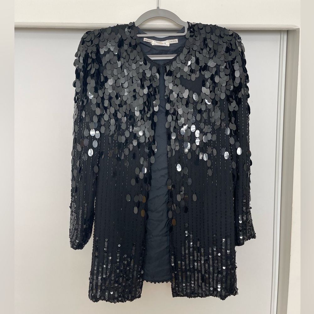 Vintage 70s Oleg Cassini Black Silk Beaded & Paillette Formal Jacket - Picture 7 of 7